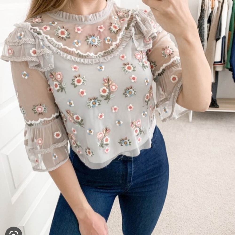 NEEDLE THREAD FLORAL RUFFLE BLOUSE - Picture 2 of 2